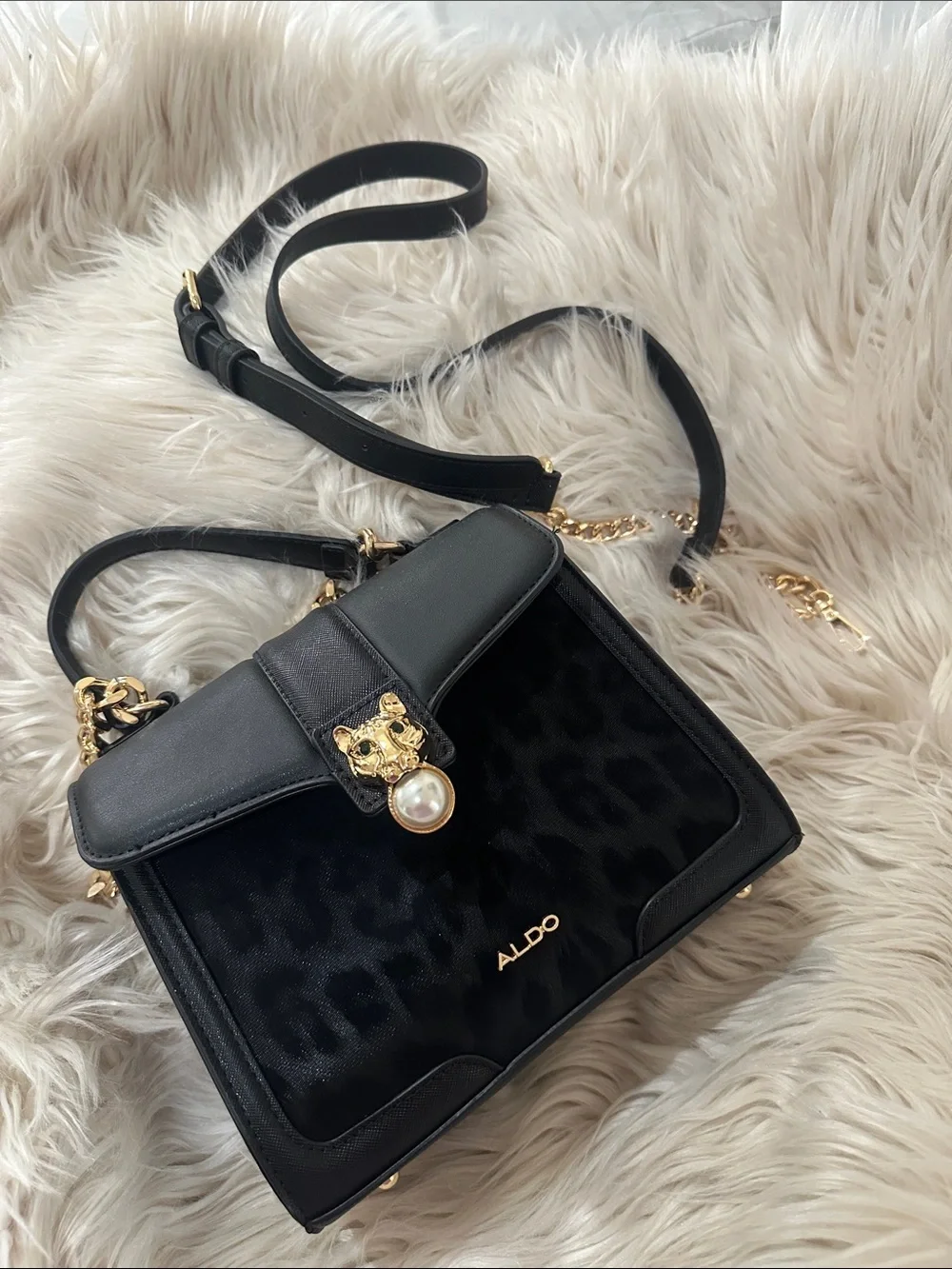 Aldo Black Satchel with Gold Chain and Feline Accent